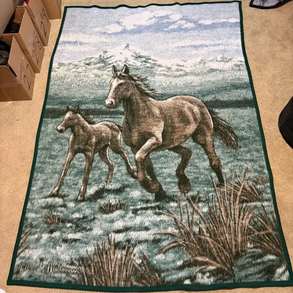 Vintage J Hautman Biederlack Fleece Blanket Western Running Horses Equestrian
